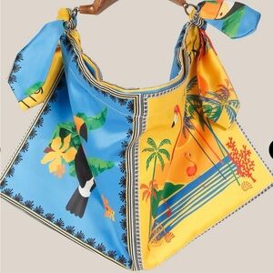 New RARE vibrant Tropical Print Scarf Handbag with wood palm leaf handle!
